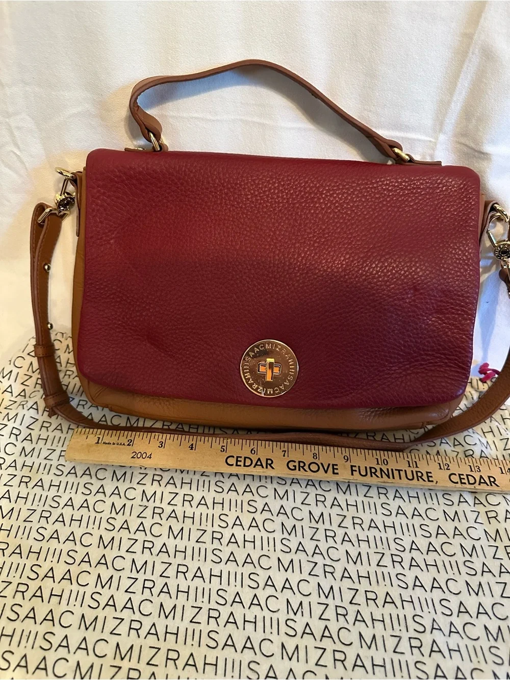 Isaac Mizrahi Red and Tan Leather Satchel with Turn-Lock